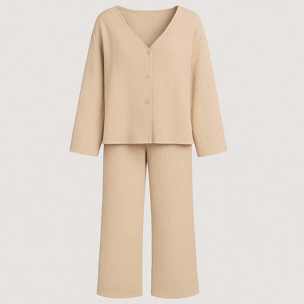 Relaxed lounge set with button-up top and wide-leg pants, styled for lightweight casual comfort