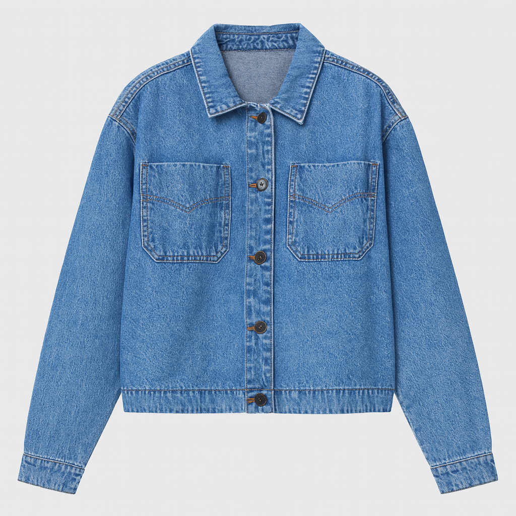 An oversized light blue denim jacket with dropped shoulders and chest pockets