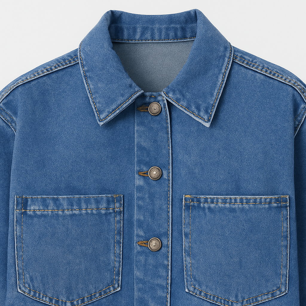 An oversized light blue denim jacket with dropped shoulders and chest pockets