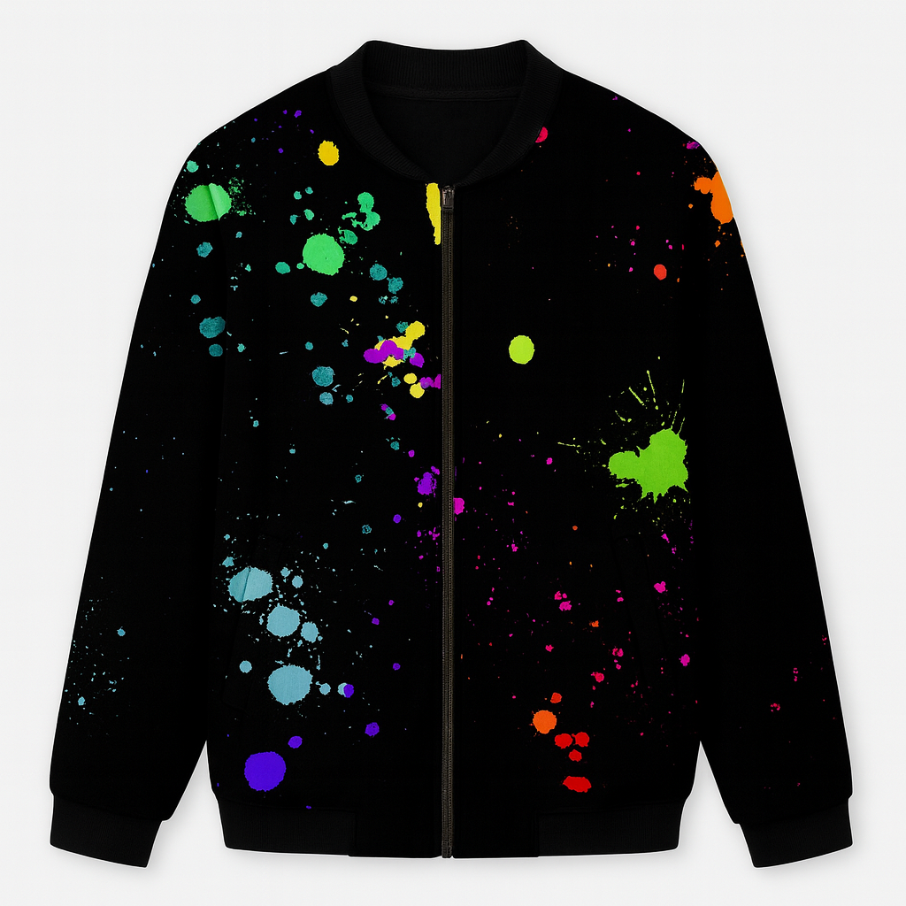A zip-up bomber jacket featuring a colorful paint splatter design in bright hues of green, blue, purple, orange, yellow, and pink. The jacket has a ribbed collar, cuffs, and hem, giving it a casual yet artistic streetwear look.