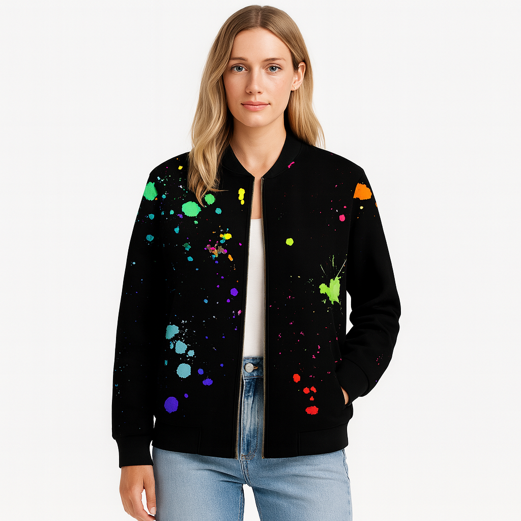 A zip-up bomber jacket featuring a colorful paint splatter design in bright hues of green, blue, purple, orange, yellow, and pink. The jacket has a ribbed collar, cuffs, and hem, giving it a casual yet artistic streetwear look.
