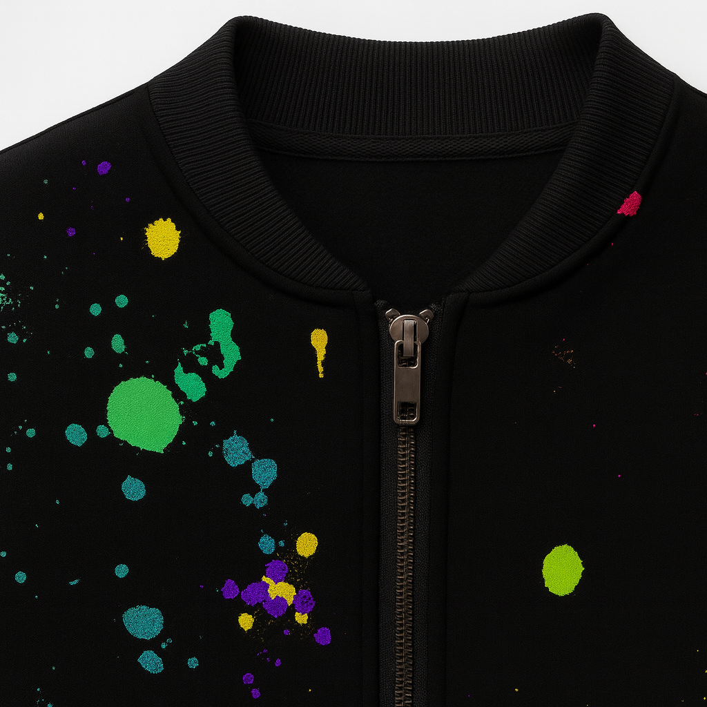 A zip-up bomber jacket featuring a colorful paint splatter design in bright hues of green, blue, purple, orange, yellow, and pink. The jacket has a ribbed collar, cuffs, and hem, giving it a casual yet artistic streetwear look.