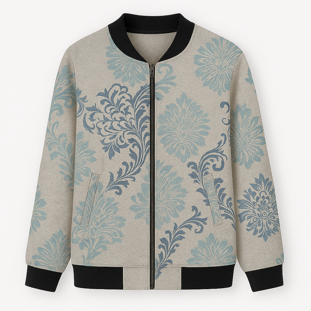 A zip-up bomber jacket featuring a colorful paint splatter design in bright hues of green, blue, purple, orange, yellow, and pink. The jacket has a ribbed collar, cuffs, and hem, giving it a casual yet artistic streetwear look.