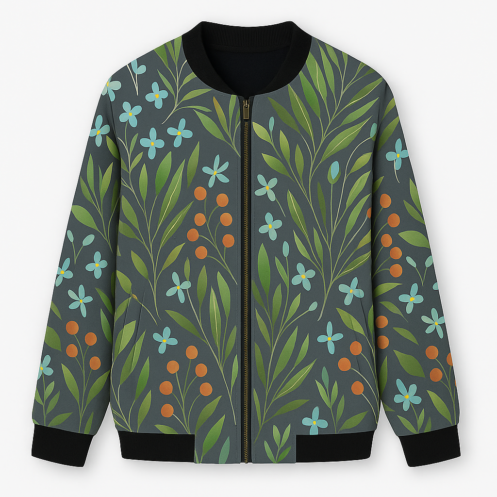A zip-up bomber jacket featuring a colorful paint splatter design in bright hues of green, blue, purple, orange, yellow, and pink. The jacket has a ribbed collar, cuffs, and hem, giving it a casual yet artistic streetwear look.
