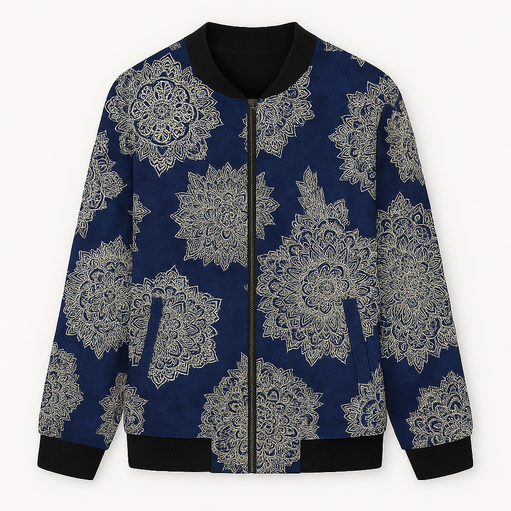 A zip-up bomber jacket featuring a colorful paint splatter design in bright hues of green, blue, purple, orange, yellow, and pink. The jacket has a ribbed collar, cuffs, and hem, giving it a casual yet artistic streetwear look.