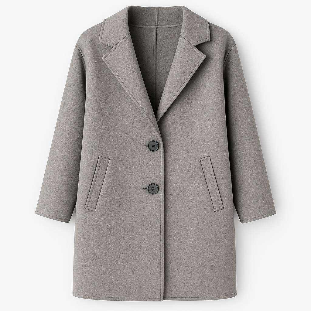 A sleek longline coat featuring a classic notched lapel collar, two-button front closure, and side welt pockets. The minimalist design offers a timeless and sophisticated look suitable for both formal and casual occasions.