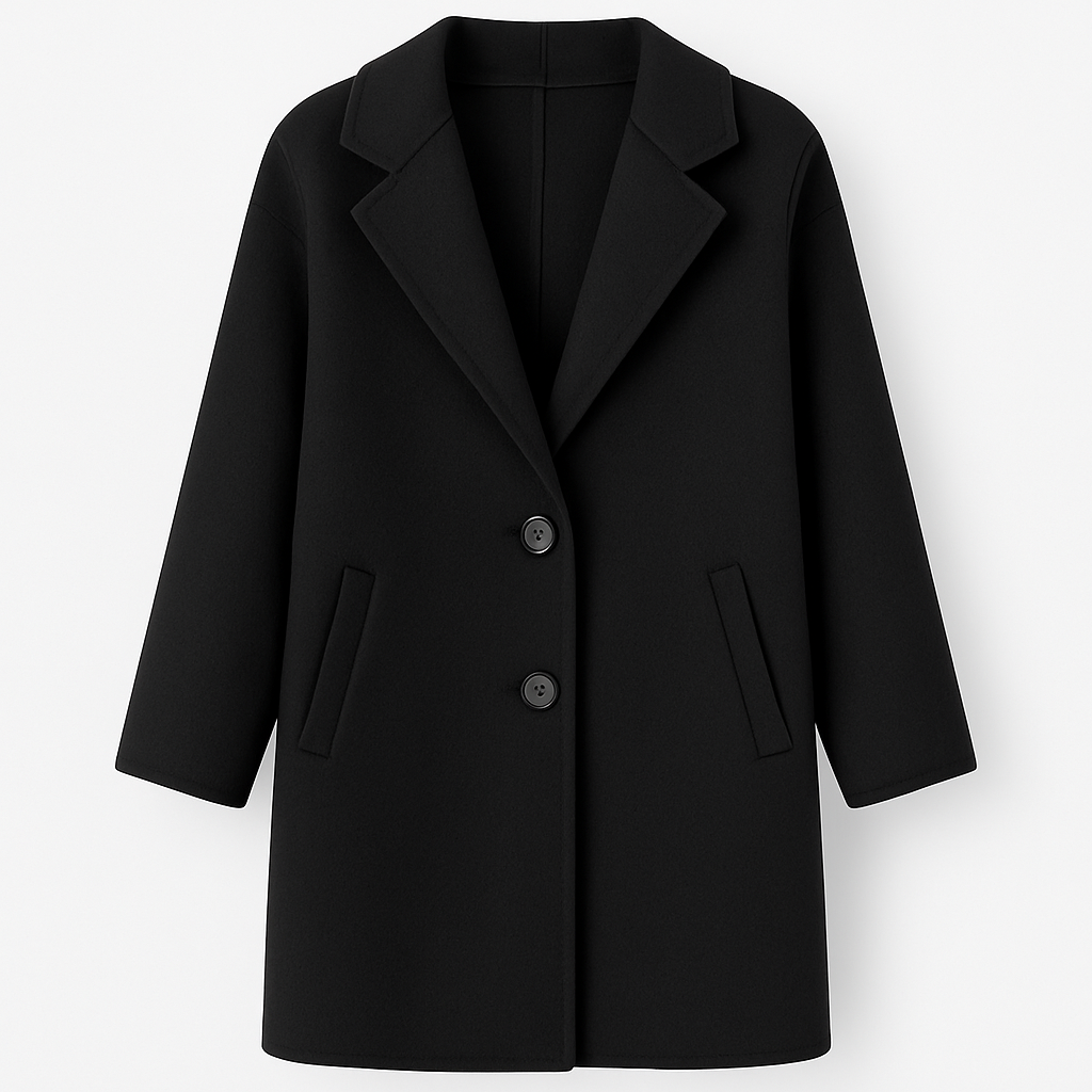 A sleek longline coat featuring a classic notched lapel collar, two-button front closure, and side welt pockets. The minimalist design offers a timeless and sophisticated look suitable for both formal and casual occasions.