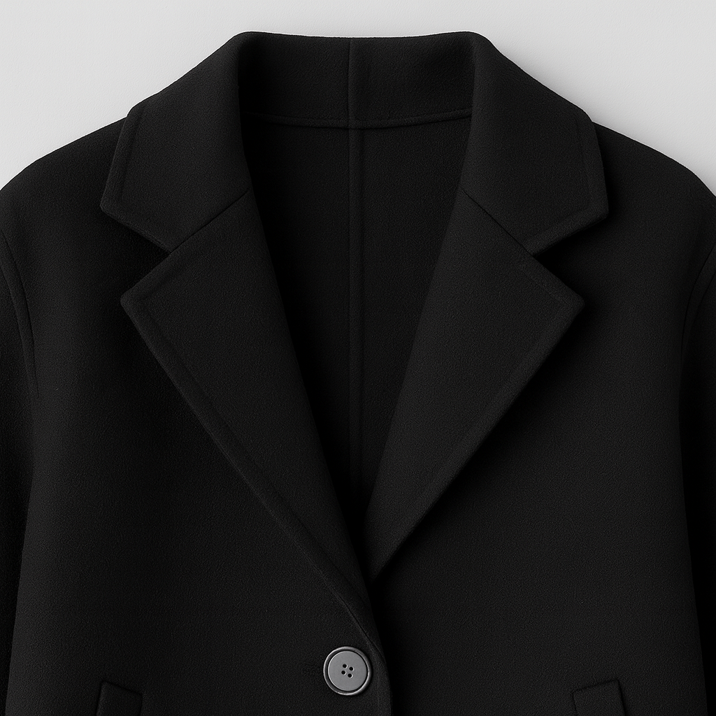 A sleek longline coat featuring a classic notched lapel collar, two-button front closure, and side welt pockets. The minimalist design offers a timeless and sophisticated look suitable for both formal and casual occasions.