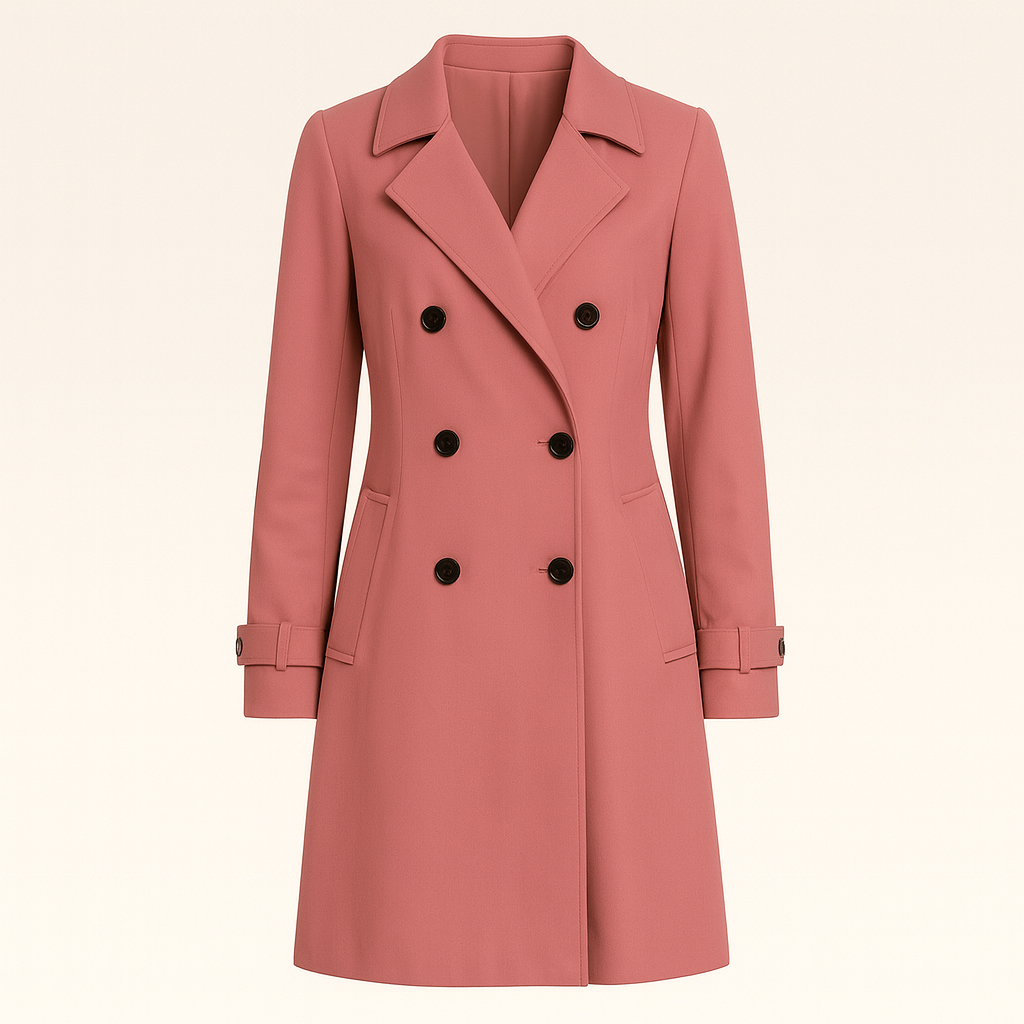 Double-breasted trench coat with notched lapel collar, longline silhouette, and tailored fit, styled with denim and a casual base layer
