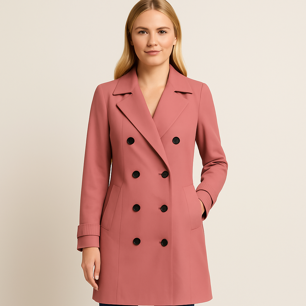 Double-breasted trench coat with notched lapel collar, longline silhouette, and tailored fit, styled with denim and a casual base layer