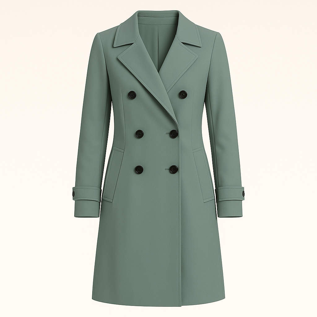 Double-breasted trench coat with notched lapel collar, longline silhouette, and tailored fit, styled with denim and a casual base layer