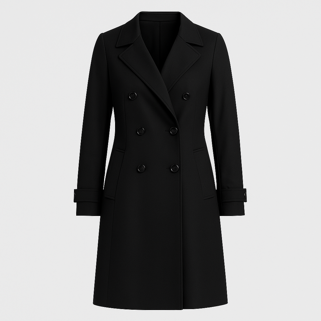 Double-breasted trench coat with notched lapel collar, longline silhouette, and tailored fit, styled with denim and a casual base layer