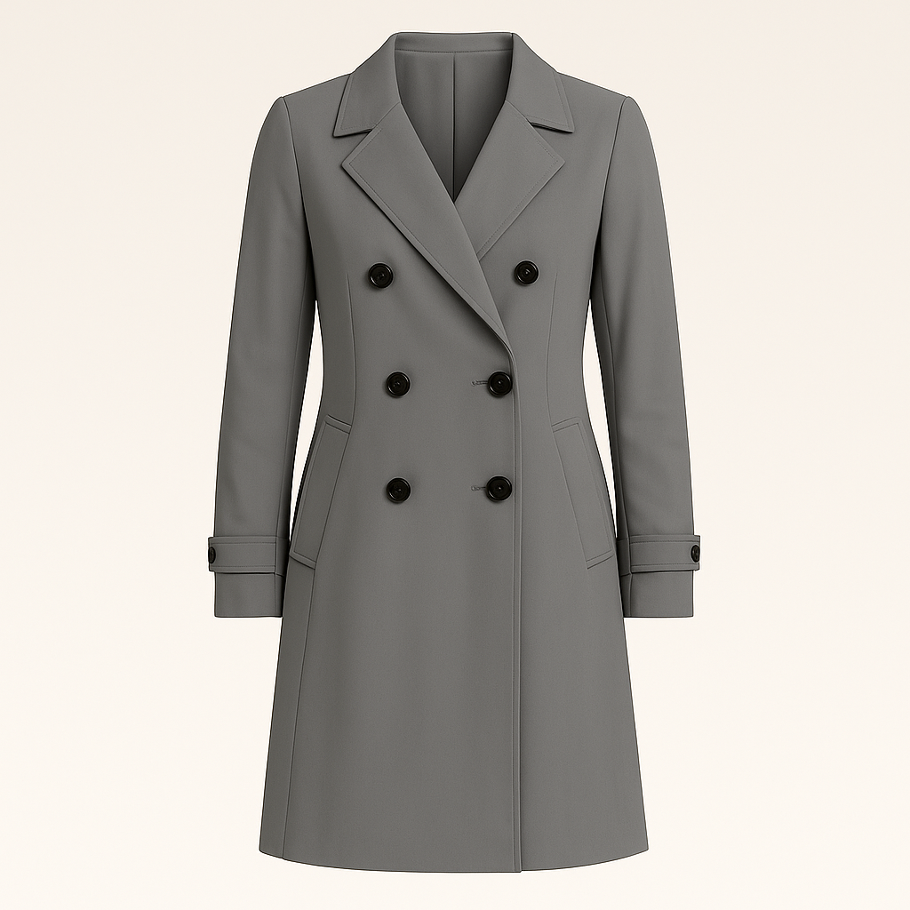 Double-breasted trench coat with notched lapel collar, longline silhouette, and tailored fit, styled with denim and a casual base layer