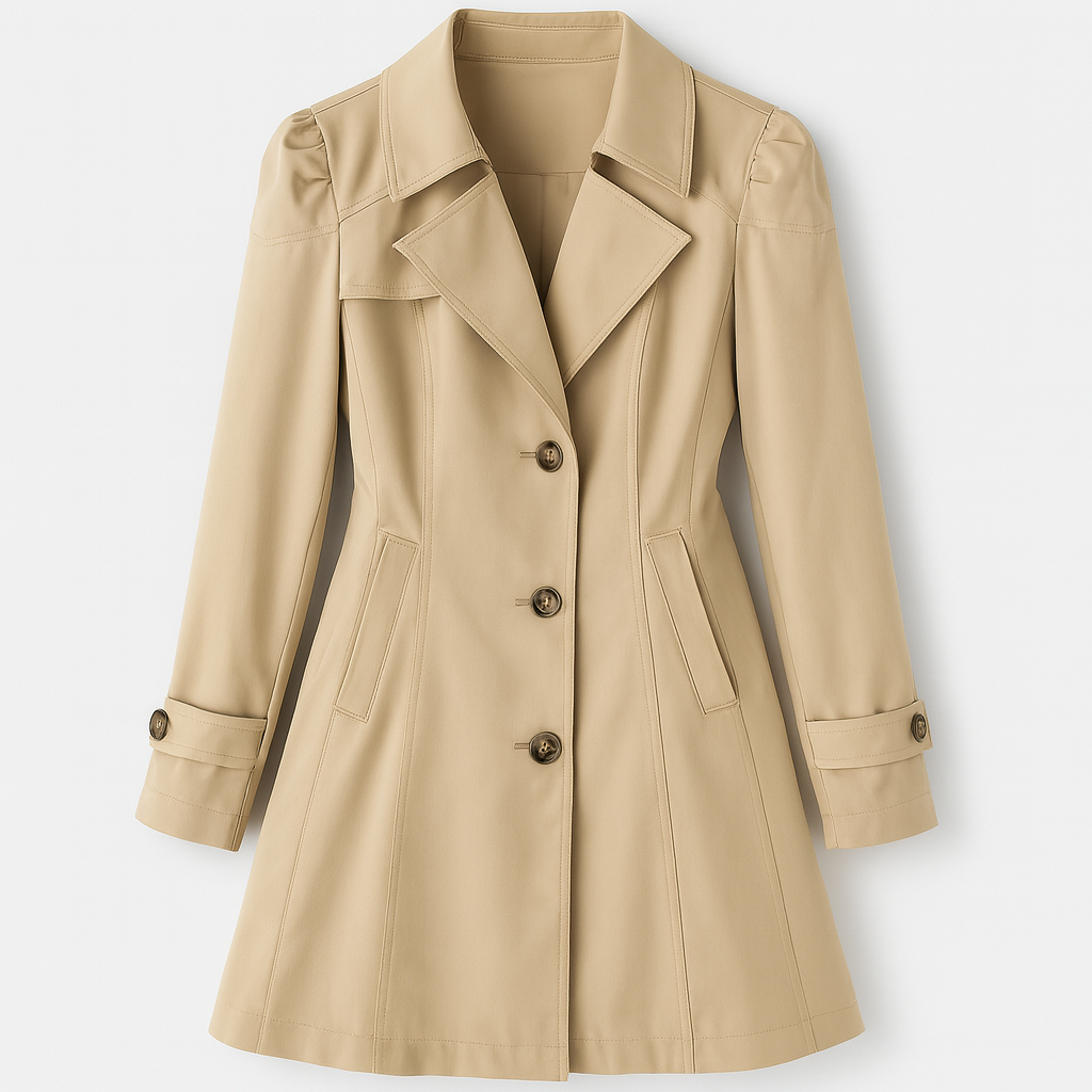 A classic trench coat featuring a tailored fit, notched lapel collar, and button-down front. The coat includes side pockets, decorative stitching, and adjustable sleeve straps, giving it a timeless and sophisticated look perfect for layering in cooler weather.