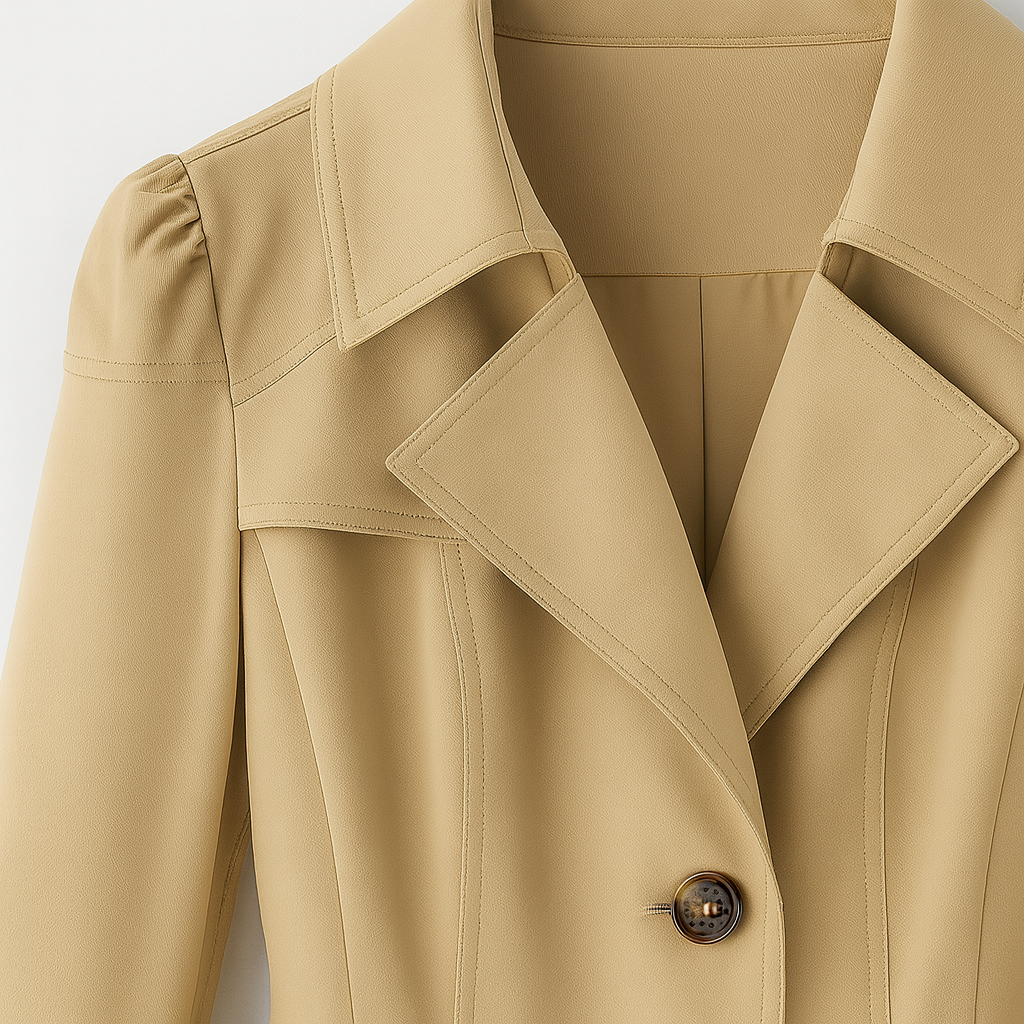 A classic trench coat featuring a tailored fit, notched lapel collar, and button-down front. The coat includes side pockets, decorative stitching, and adjustable sleeve straps, giving it a timeless and sophisticated look perfect for layering in cooler weather.