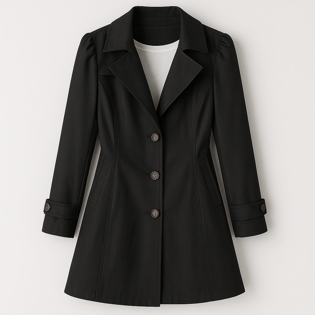 A classic trench coat featuring a tailored fit, notched lapel collar, and button-down front. The coat includes side pockets, decorative stitching, and adjustable sleeve straps, giving it a timeless and sophisticated look perfect for layering in cooler weather.