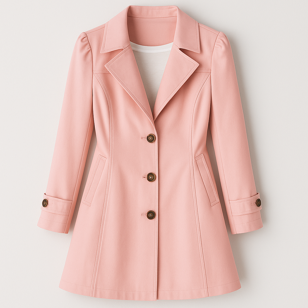 A classic trench coat featuring a tailored fit, notched lapel collar, and button-down front. The coat includes side pockets, decorative stitching, and adjustable sleeve straps, giving it a timeless and sophisticated look perfect for layering in cooler weather.