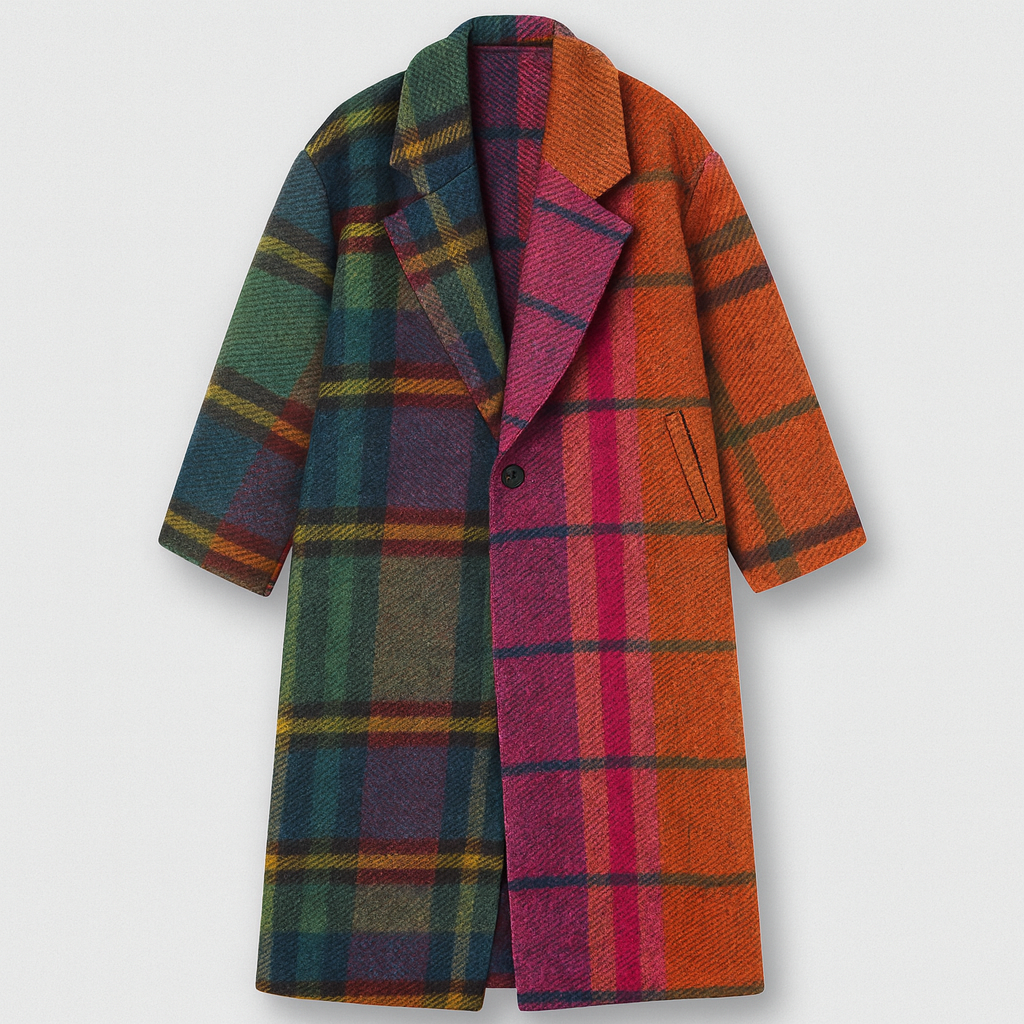 Oversized plaid wool coat with notched lapel collar and single-button front, styled for modern streetwear looks