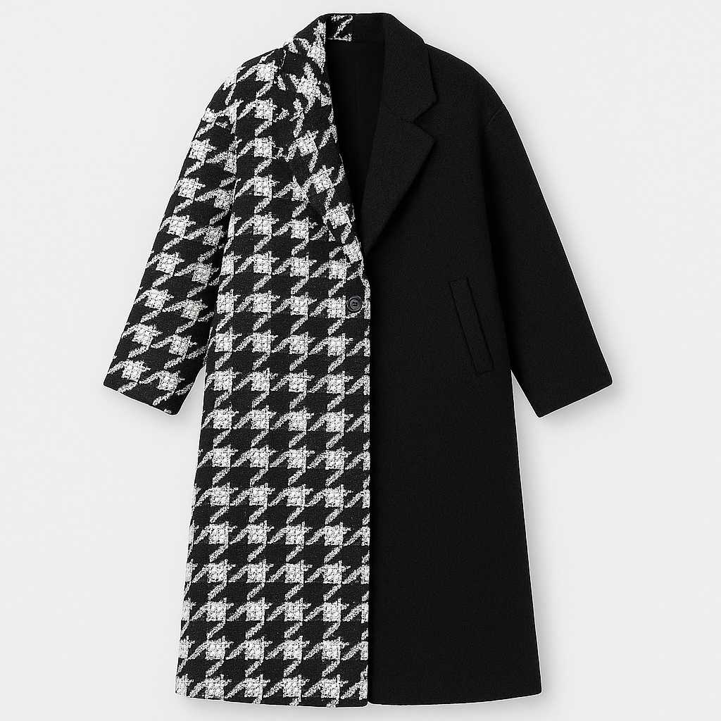 Oversized plaid wool coat with notched lapel collar and single-button front, styled for modern streetwear looks