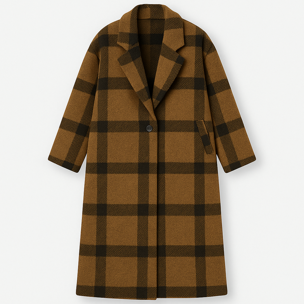 Oversized plaid wool coat with notched lapel collar and single-button front, styled for modern streetwear looks
