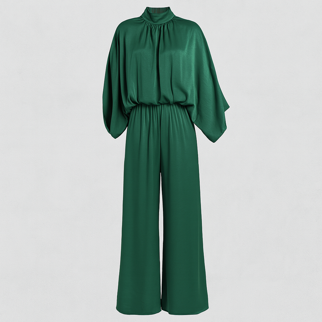 High-neck jumpsuit with wide-leg pants, relaxed fit bodice, and cape-style sleeves.