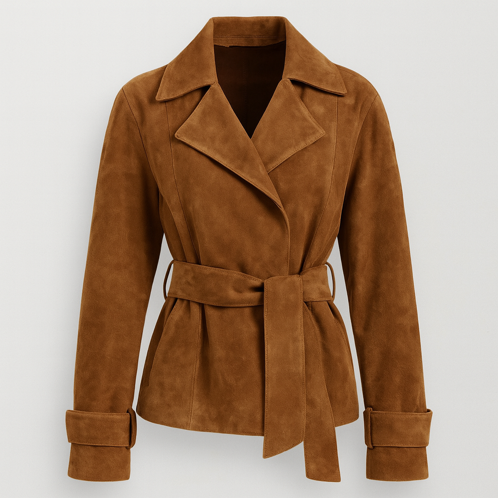 A suede wrap jacket with a wide lapel, long sleeves, and a belted waist.