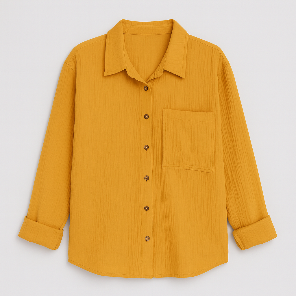 Long-sleeve button-up shirt with pointed collar, front chest pocket, and rolled cuffs.