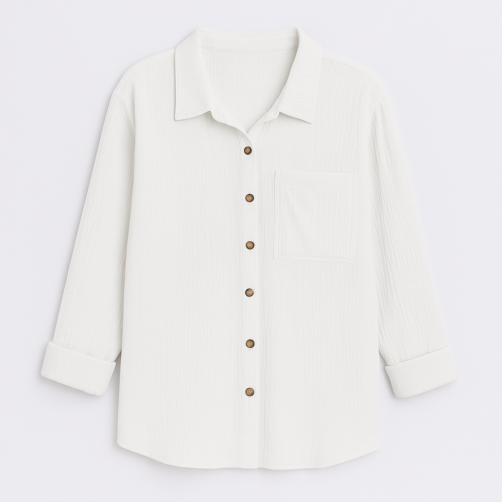 Long-sleeve button-up shirt with pointed collar, front chest pocket, and rolled cuffs.
