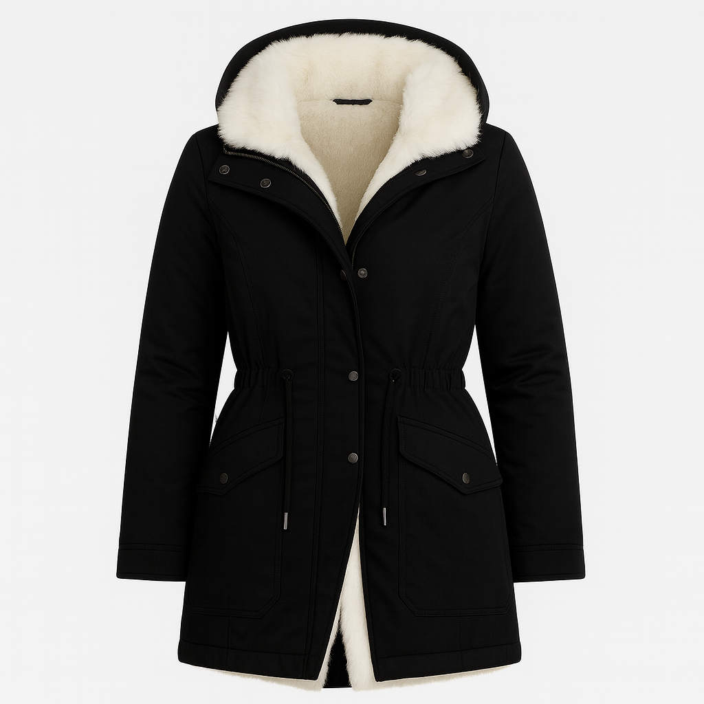 A parka-style winter coat featuring a warm cream-colored faux shearling lining and hood. The coat includes a front zip closure with snap buttons, adjustable drawstring waist, and flap pockets, offering both cozy insulation and stylish cold-weather protection.