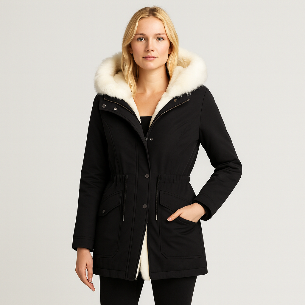 A parka-style winter coat featuring a warm cream-colored faux shearling lining and hood. The coat includes a front zip closure with snap buttons, adjustable drawstring waist, and flap pockets, offering both cozy insulation and stylish cold-weather protection.