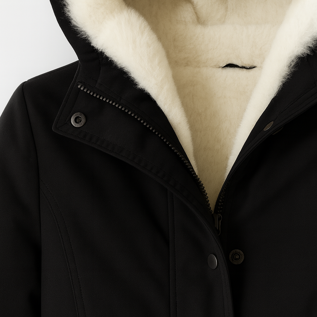 A parka-style winter coat featuring a warm cream-colored faux shearling lining and hood. The coat includes a front zip closure with snap buttons, adjustable drawstring waist, and flap pockets, offering both cozy insulation and stylish cold-weather protection.