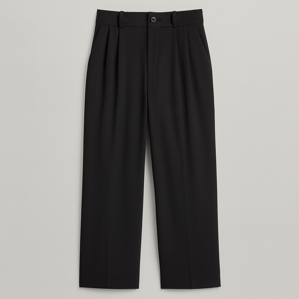 Wide-leg trousers with high-rise waist, pleated front, and relaxed tailored fit.