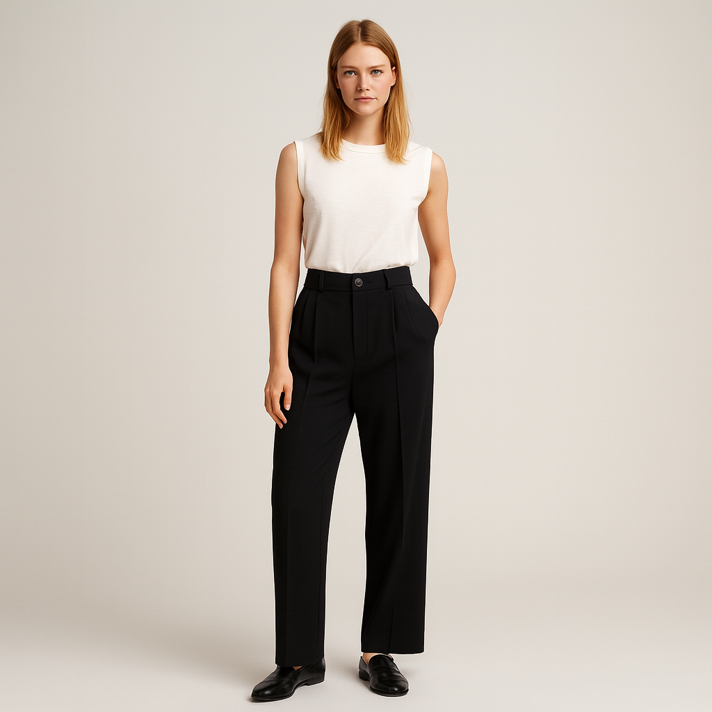 Wide-leg trousers with high-rise waist, pleated front, and relaxed tailored fit.