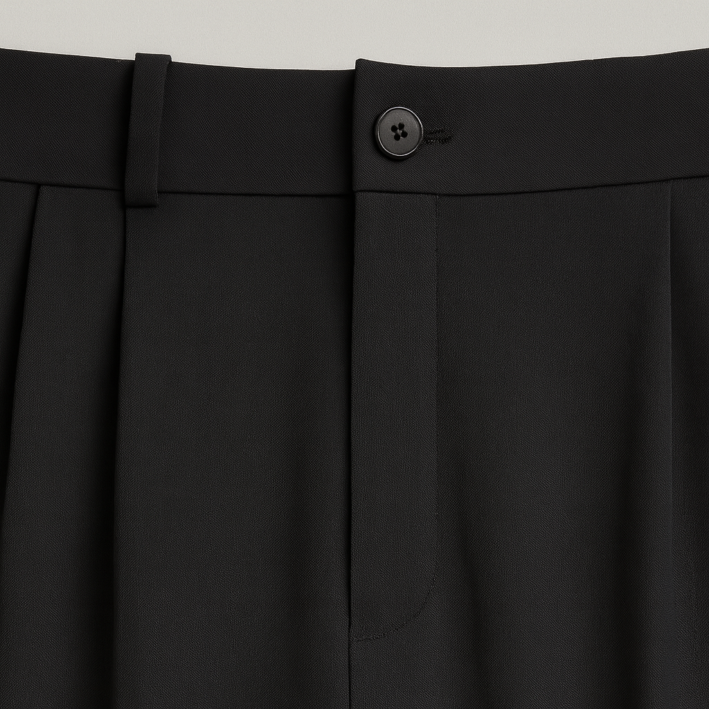 Wide-leg trousers with high-rise waist, pleated front, and relaxed tailored fit.
