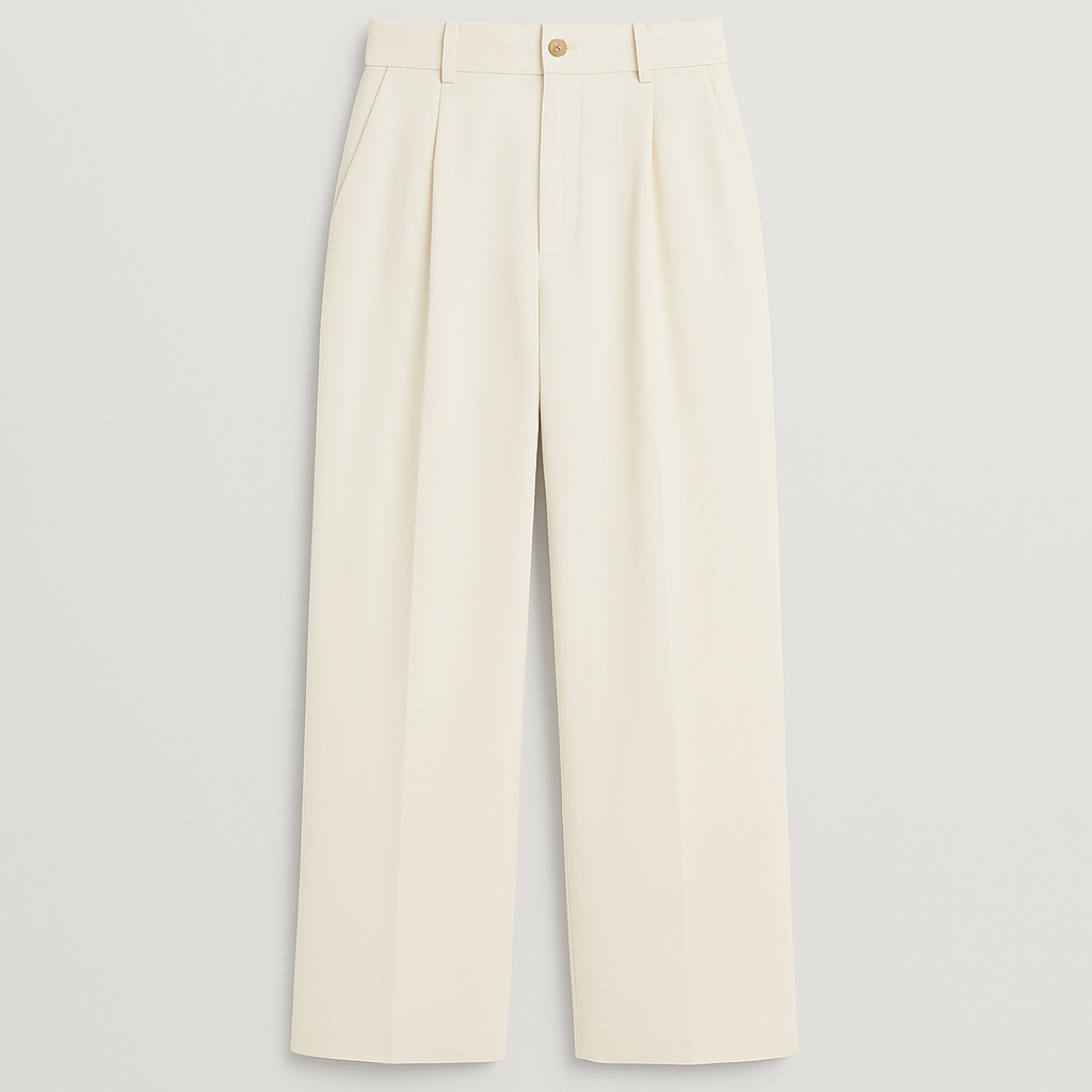 Wide-leg trousers with high-rise waist, pleated front, and relaxed tailored fit.