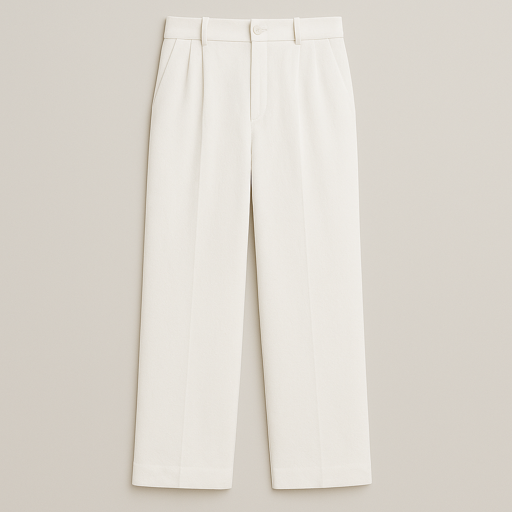 Wide-leg trousers with high-rise waist, pleated front, and relaxed tailored fit.