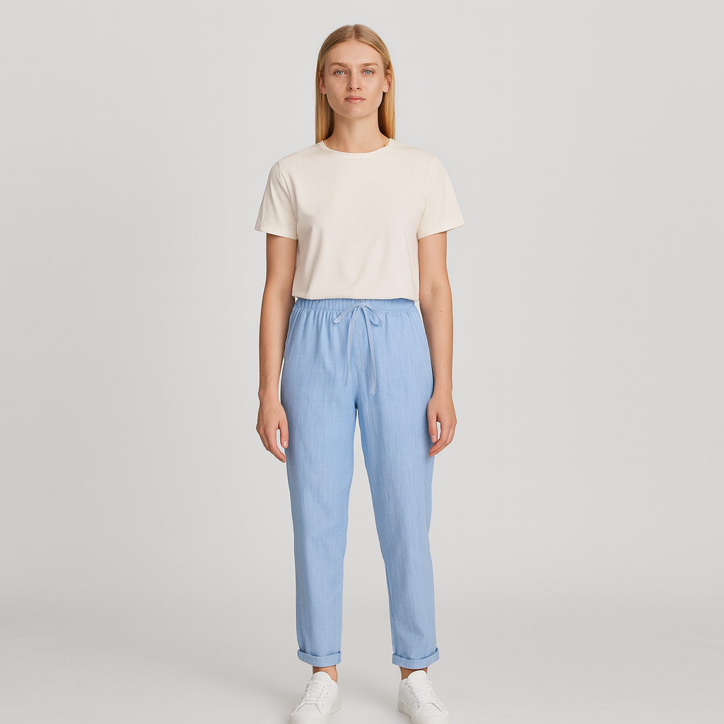 Relaxed linen drawstring pants with straight-leg fit and elastic waistband, styled for a casual everyday look