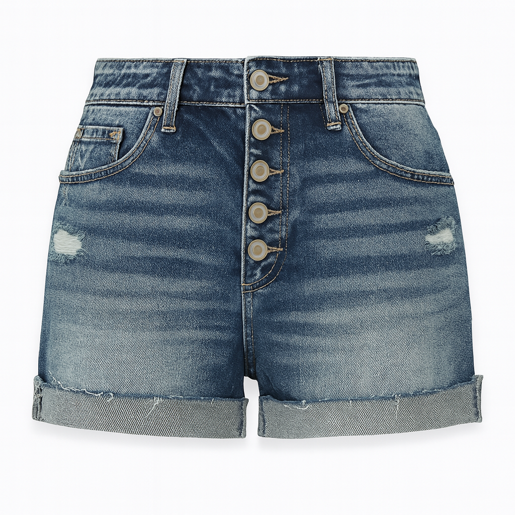 Denim shorts with button-fly front and cuffed hem styled for an effortless casual look.
