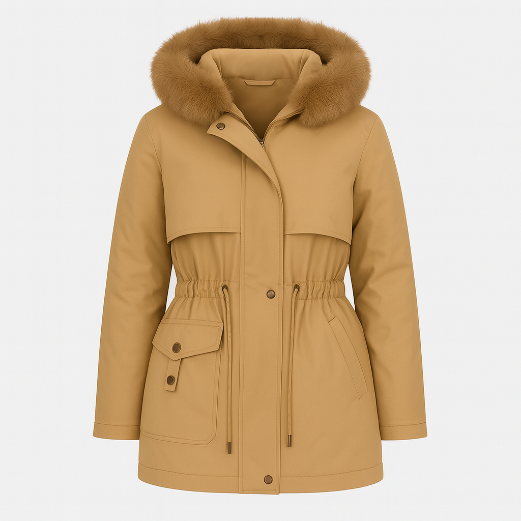 Waist-length parka jacket with a faux fur-trimmed hood, zip and snap front closure, drawstring waist, flap pockets with button details, and elastic cuffs.