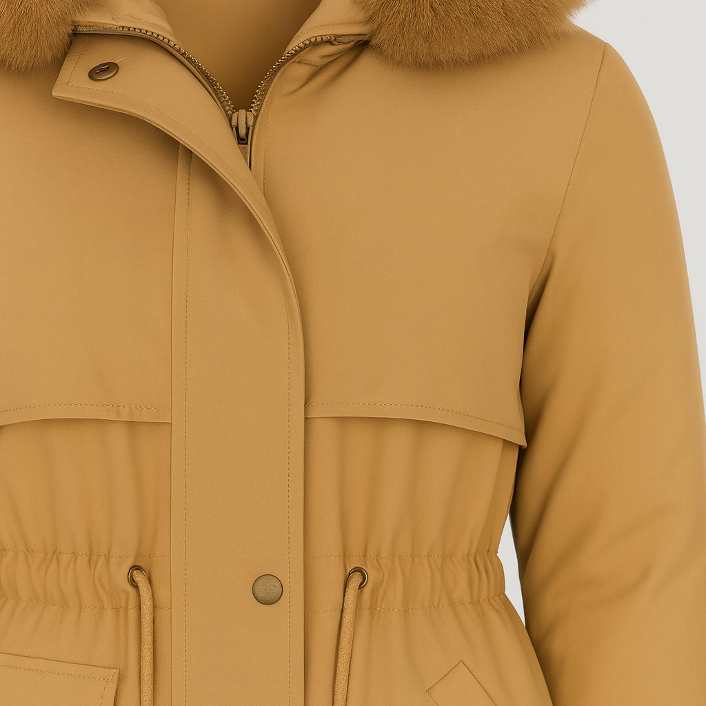 Waist-length parka jacket with a faux fur-trimmed hood, zip and snap front closure, drawstring waist, flap pockets with button details, and elastic cuffs.