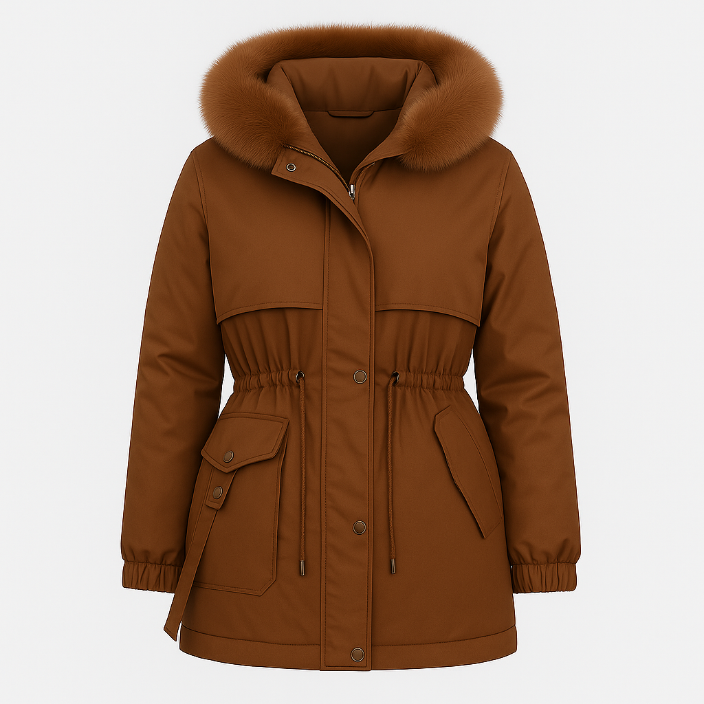 Waist-length parka jacket with a faux fur-trimmed hood, zip and snap front closure, drawstring waist, flap pockets with button details, and elastic cuffs.