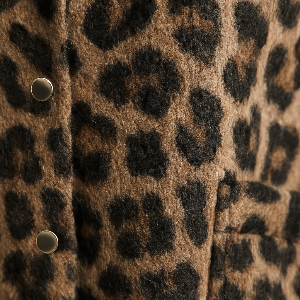 Cozy leopard print jacket with button front, hip length, and relaxed fit, styled with dark jeans and a black top.