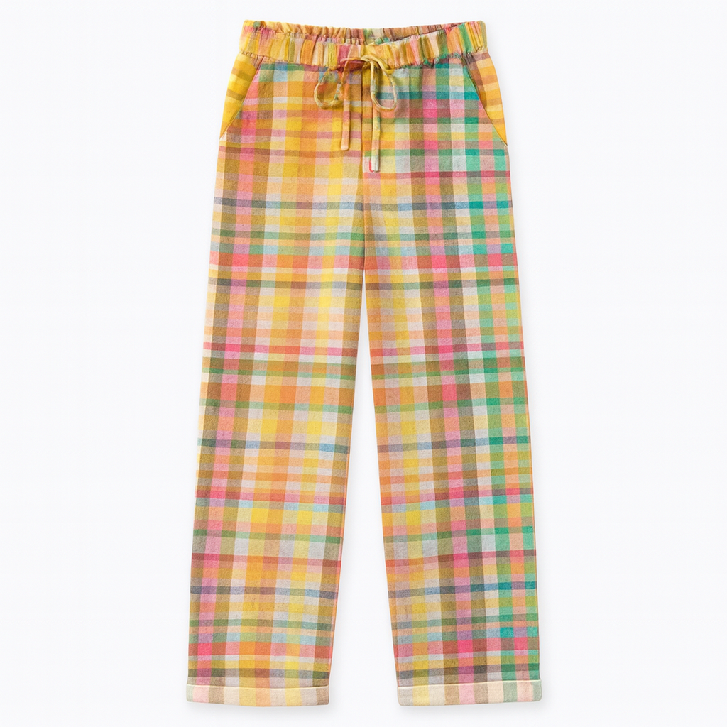 A colorful plaid linen pants featuring a relaxed fit, elastic waistband with drawstring, and side pockets. The checkered pattern includes shades of yellow, pink, green, orange, and blue.