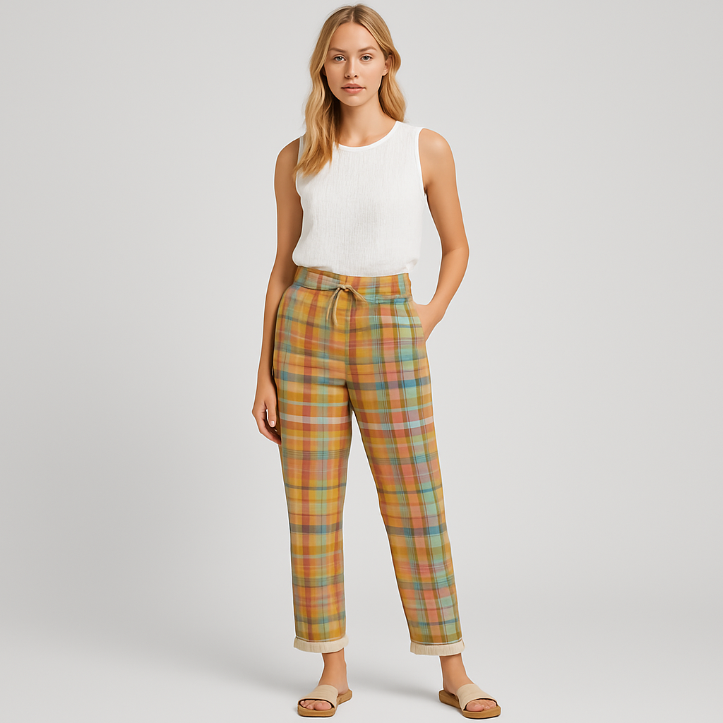 A colorful plaid linen pants featuring a relaxed fit, elastic waistband with drawstring, and side pockets. The checkered pattern includes shades of yellow, pink, green, orange, and blue.
