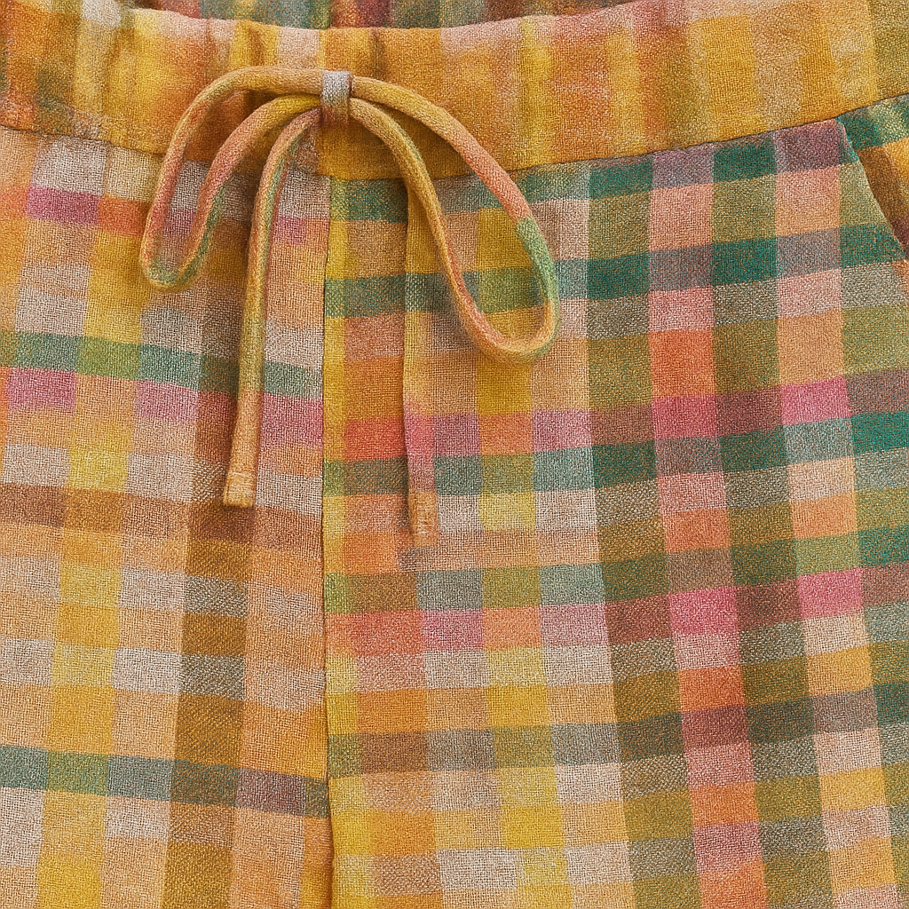 A colorful plaid linen pants featuring a relaxed fit, elastic waistband with drawstring, and side pockets. The checkered pattern includes shades of yellow, pink, green, orange, and blue.