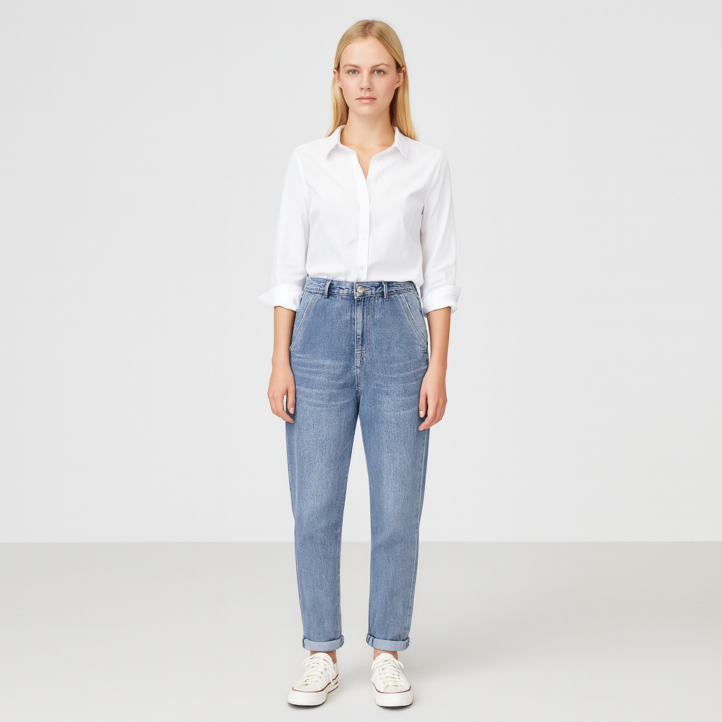 Tapered jeans with high-rise waist and ankle-grazing length, styled for versatile city looks