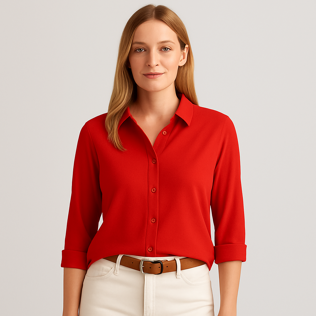 Button-up blouse with collar and 3/4 sleeves.
