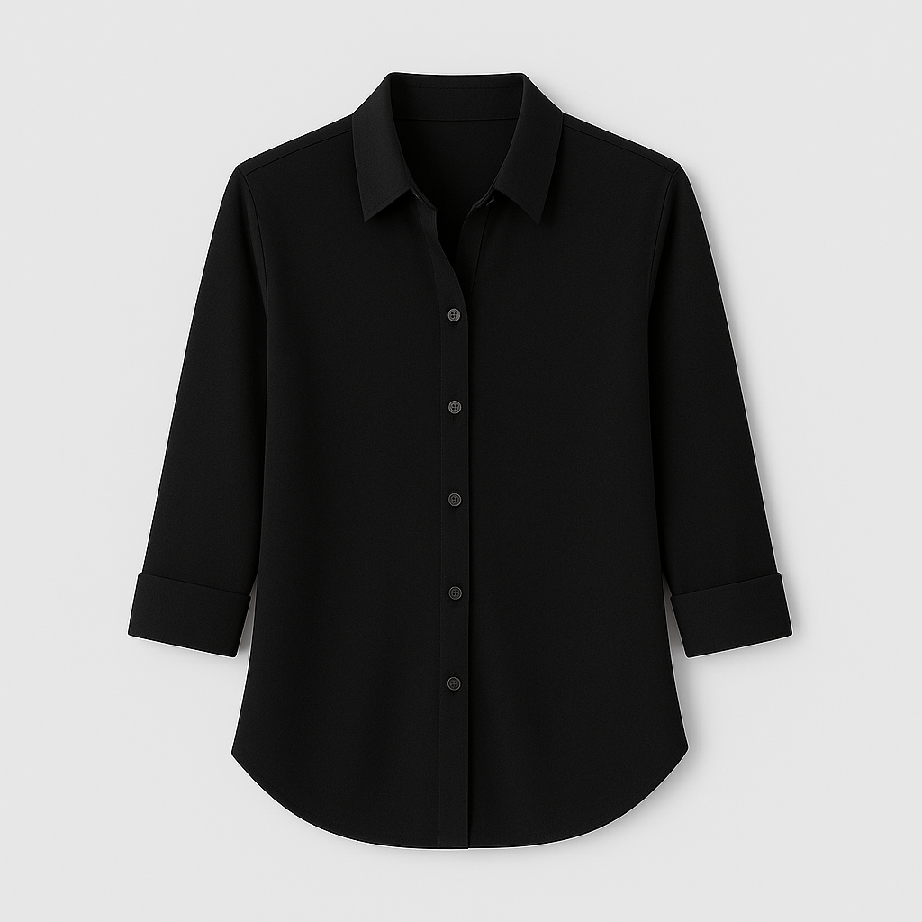 Button-up blouse with collar and 3/4 sleeves.