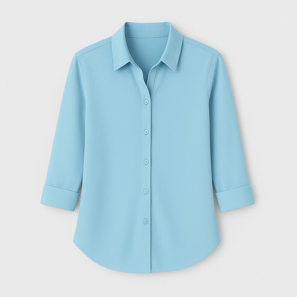 Button-up blouse with collar and 3/4 sleeves.