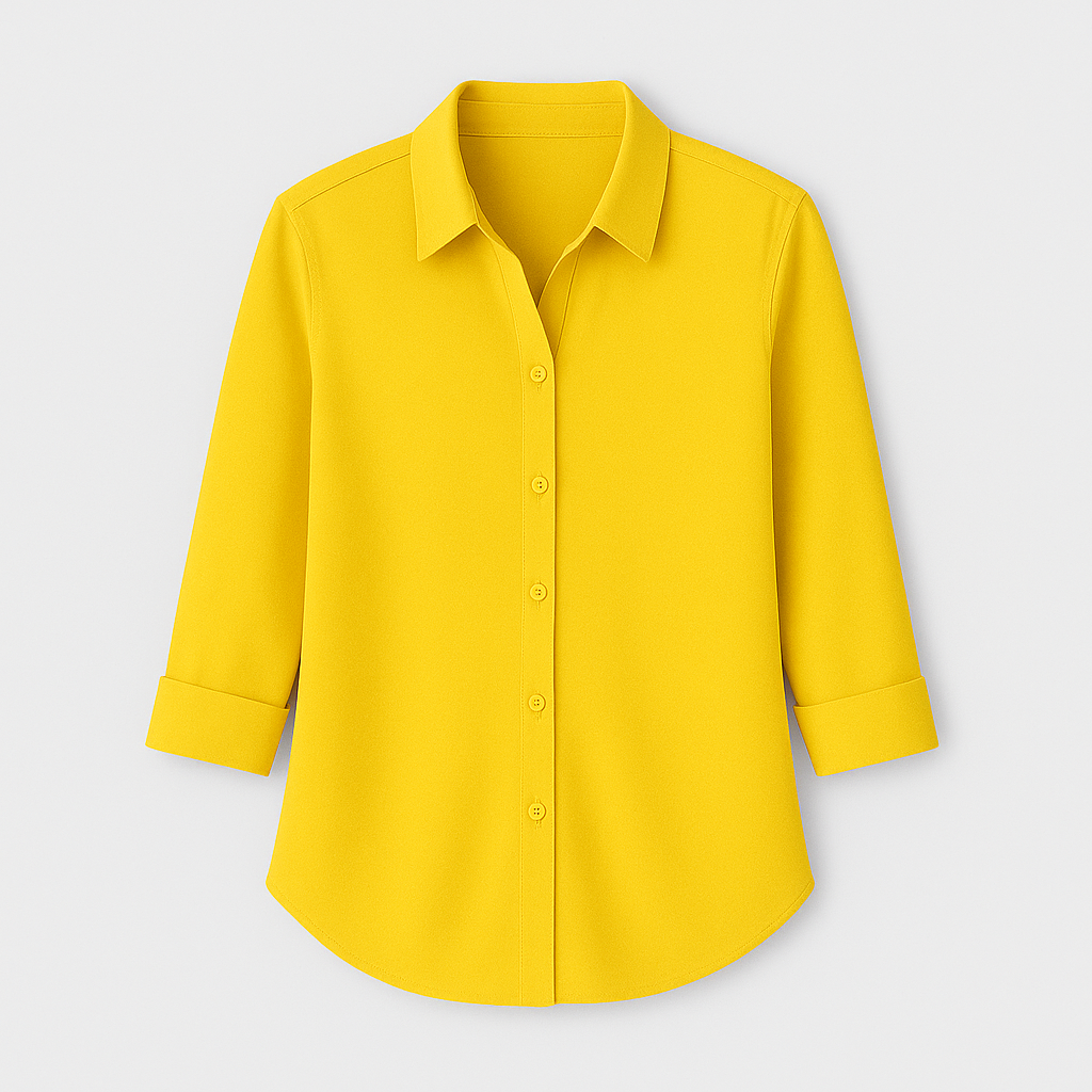 Button-up blouse with collar and 3/4 sleeves.